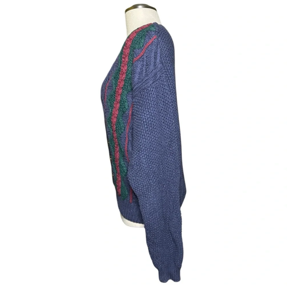 417 Van Heusen Vintage Button Down V-Neck Navy Blue Hand Knit Cardigan
